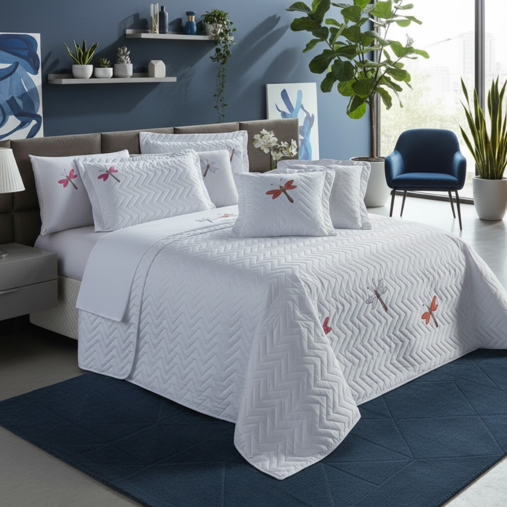 Kit Colcha Cobre Leito 3 Peças Matelado Decorativo Casal e Queen Bordado de Libélulas em Oferta na Shopee