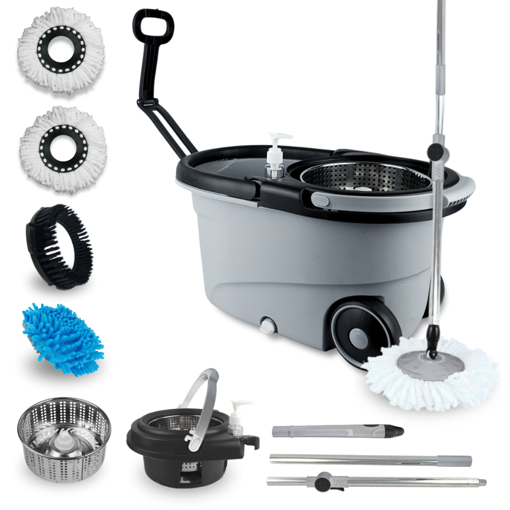 Mop Giratório 16 Litros Cinza Profissional com Rodas e Alça Cesto Inox Cabo 160cm + Refil