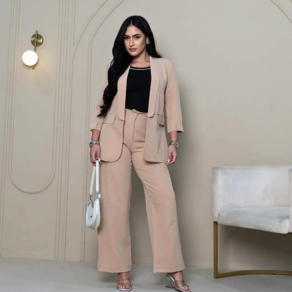 Conjunto Feminino Alfaiataria Premium – Blazer Moderno + Calça Pantalona Elegante em Oferta na Shopee
