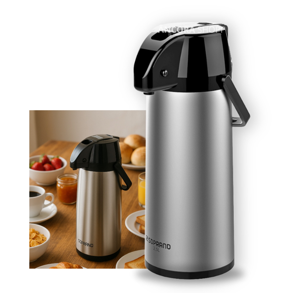 Garrafa Termica 2,5L Inox Café Chá Agua Bebidas Pressão Metal Escovado com Alça Preto Soprano