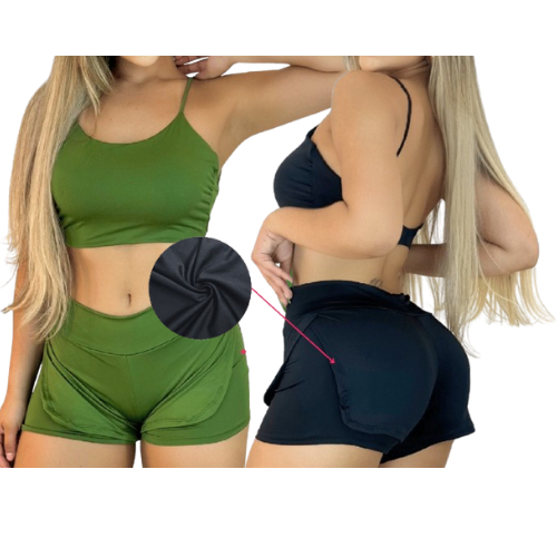Conjunto Fitness Feminino Academia Top Alcinha + Short Duplo Sobreposição Treino Ginástica