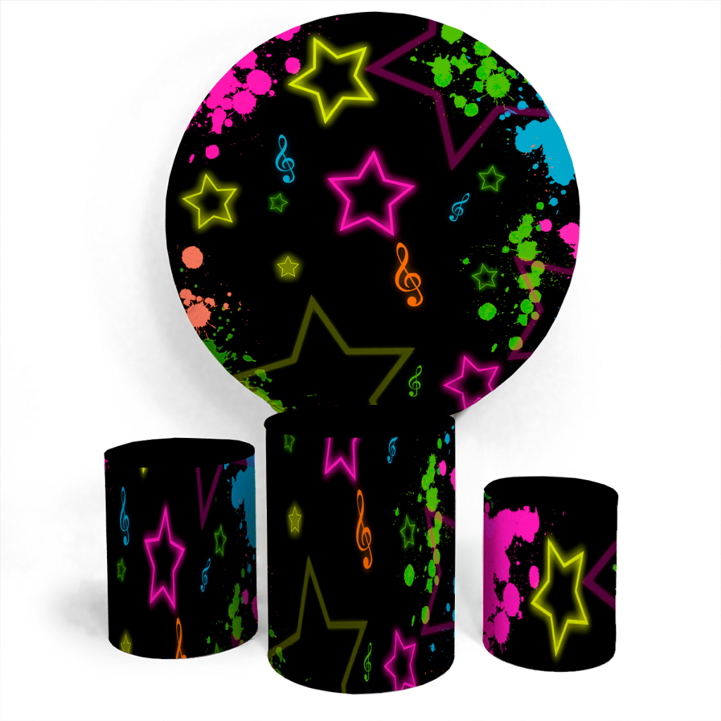 Kit Festa Capa Painel Redondo E Capa Trio Cilindro Aniversário Ideia Divertido Neon Estrelas Rave Baile Disco Balada