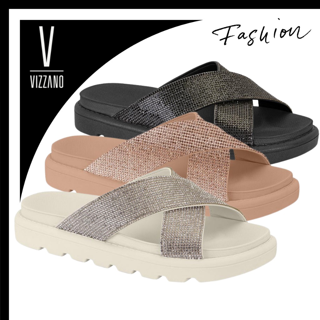 Sandália Papete Vizzano Flatform Tratorada Com Brilho Strass Tiras em X Confortável Feminina Casual