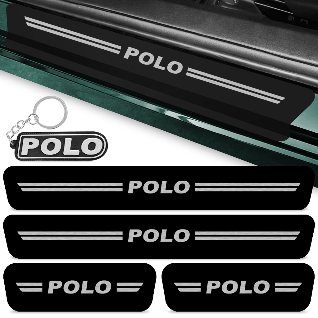 Kit 4 Peças Adesivo Soleira Porta Carro Compatível Polo 2015 A 2022 Proteção Preto + Chaveiro