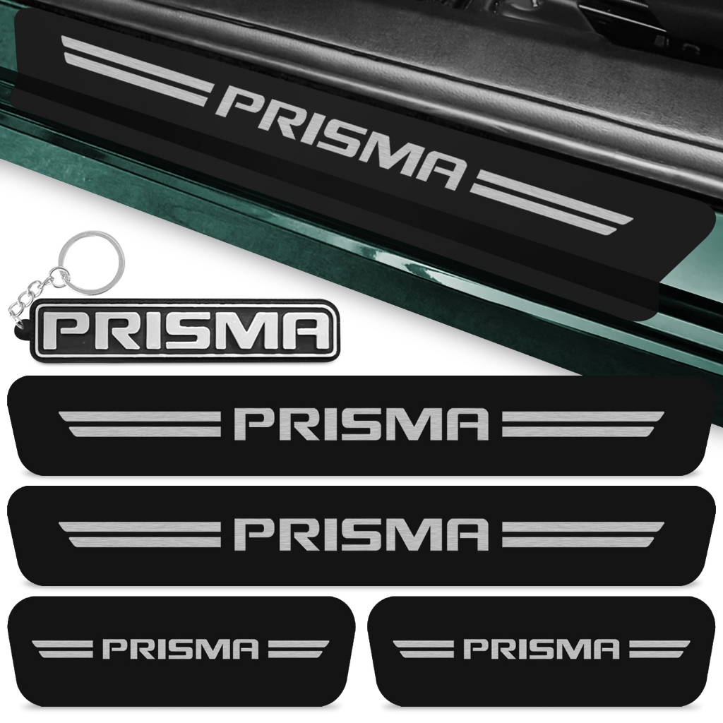 Kit 4 Peças Adesivo Soleira Porta Carro Compatível Prisma 2012 A 2019 Proteção Preto + Chaveiro