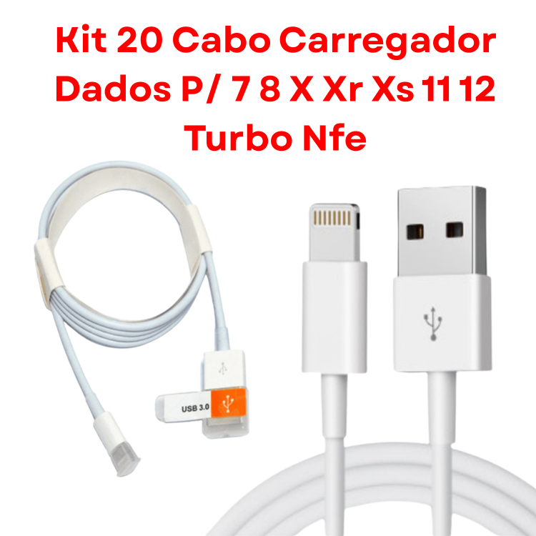 Kit 20 Cabos Carregador Turbo e Dados P/ 7 8 X 11 12 - Carga Rápida c/ NFE