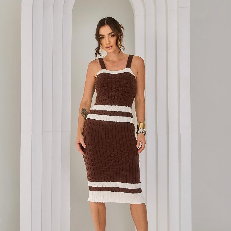 Vestido Midi Tricot Alcinha Regata Canelado Listrado tricô Modal Elegante Moda Feminina Evangélica em Oferta na Shopee