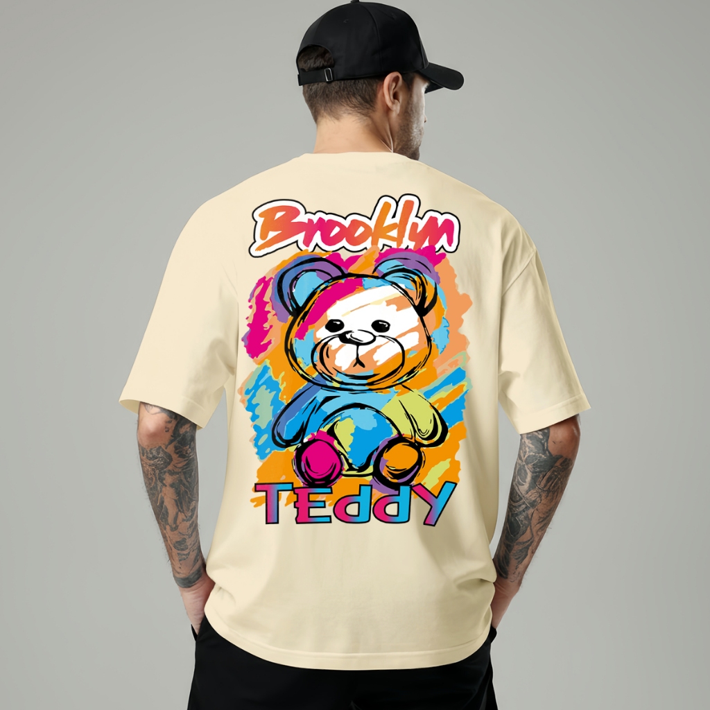 Camiseta Estampada Oversized 100% Algodão Modelagem Solta Urso Teddy Streetwear Unissex