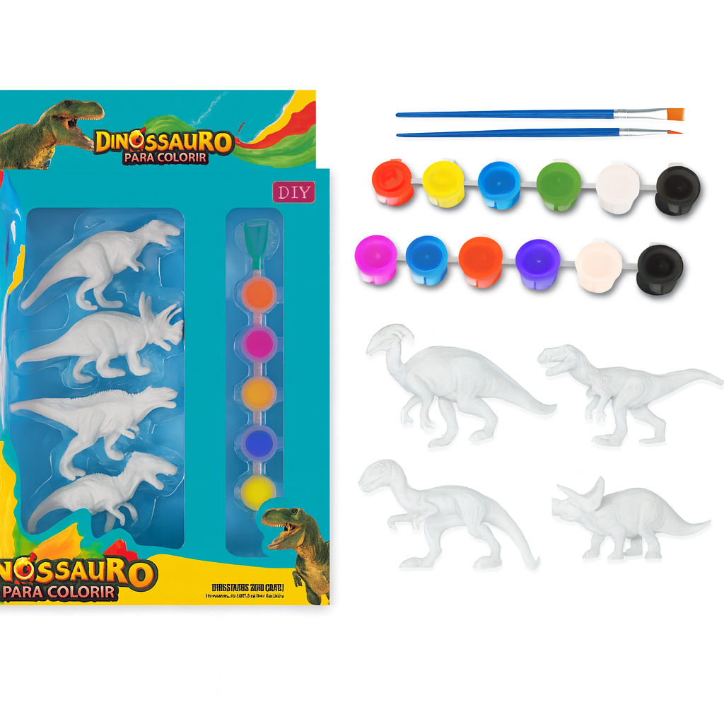 KIT DINOSSAURO PARA COLORIR COM TINTAS E PINCÉIS – BRINQUEDO EDUCATIVO INFANTIL em Oferta na Shopee