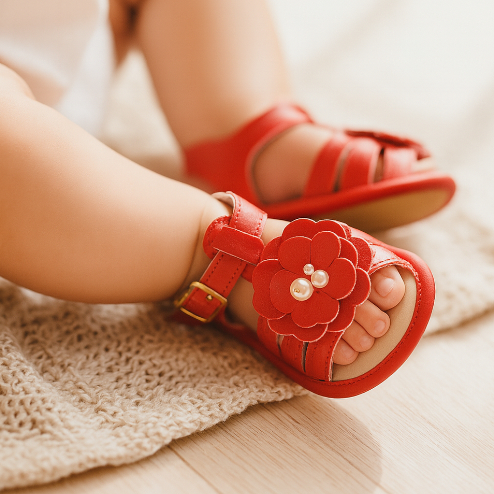 Sandália para Bebê até 1 ano Menina Vermelha Flor Confortável Presente de Natal