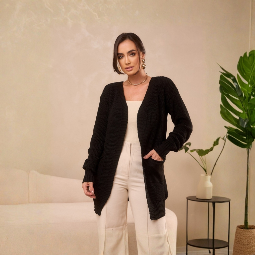 Casaco Feminino Tricot Básico Kimono Manga Longa Outono Inverno Bolso Alongado Cardigan