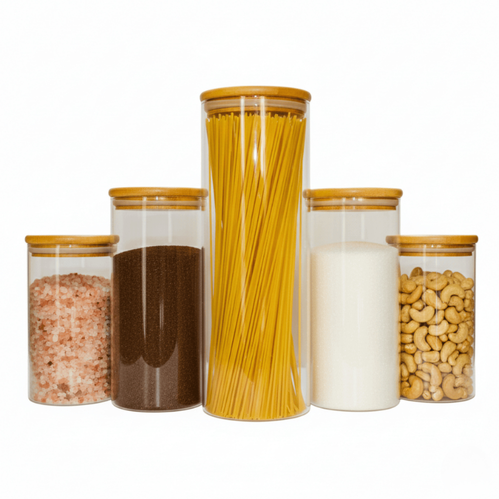Kit 5 Porta Mantimentos Pote Hermético Vidro Tampa de Bambu Alimentos Organizador Cozinha Despensa em Oferta na Shopee