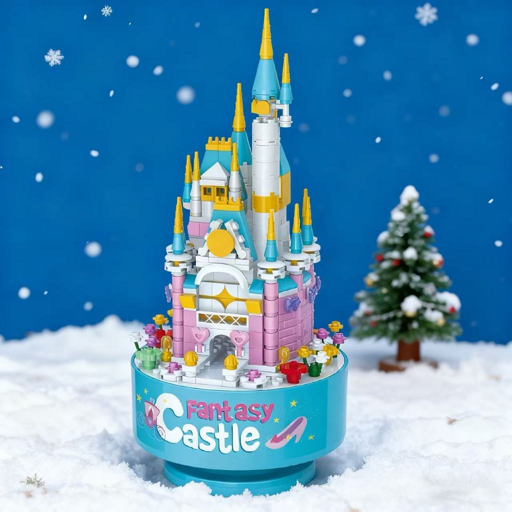 Caixa de música de brinquedo infantil, montagem de castelo, peças pequenas de Lego para DIY, blocos de construção