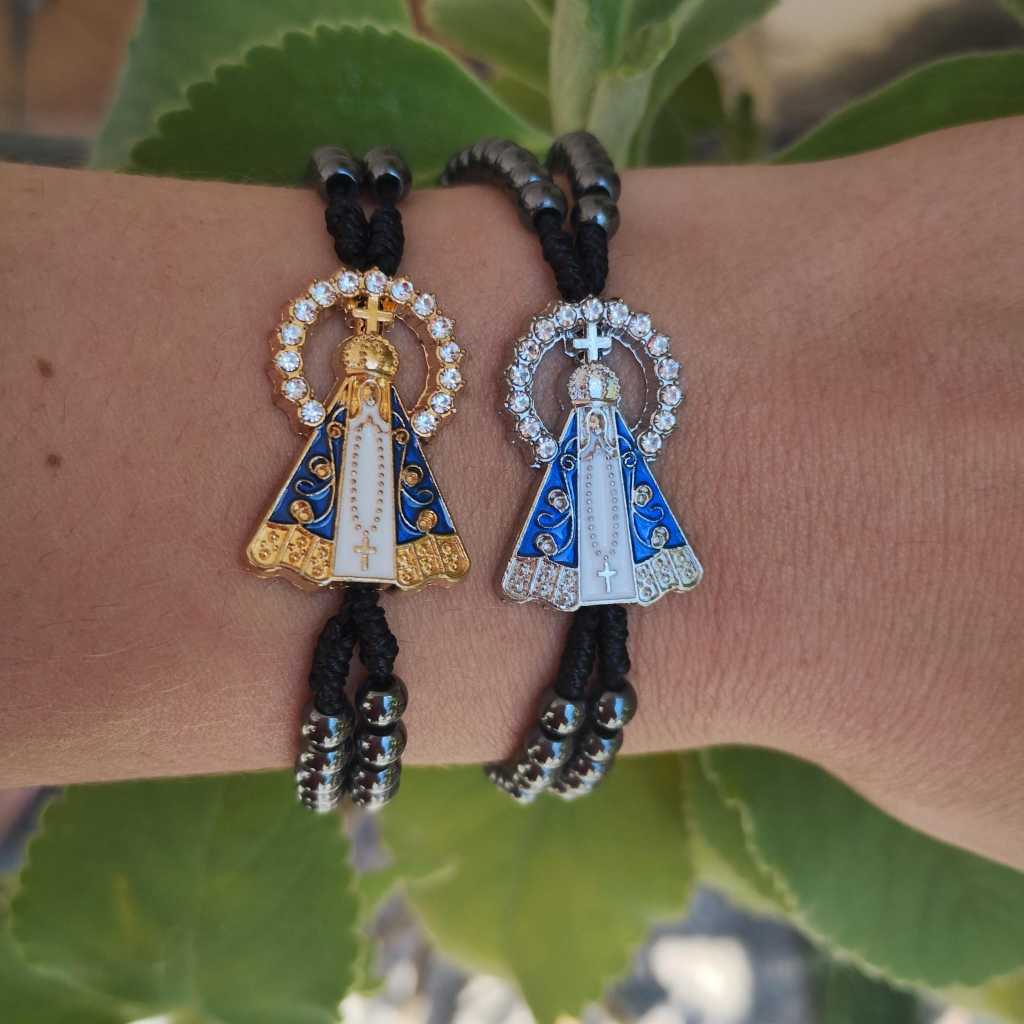 Pulseira Terço em Hematita Nossa Senhora Aparecida Dourada ou Prata
