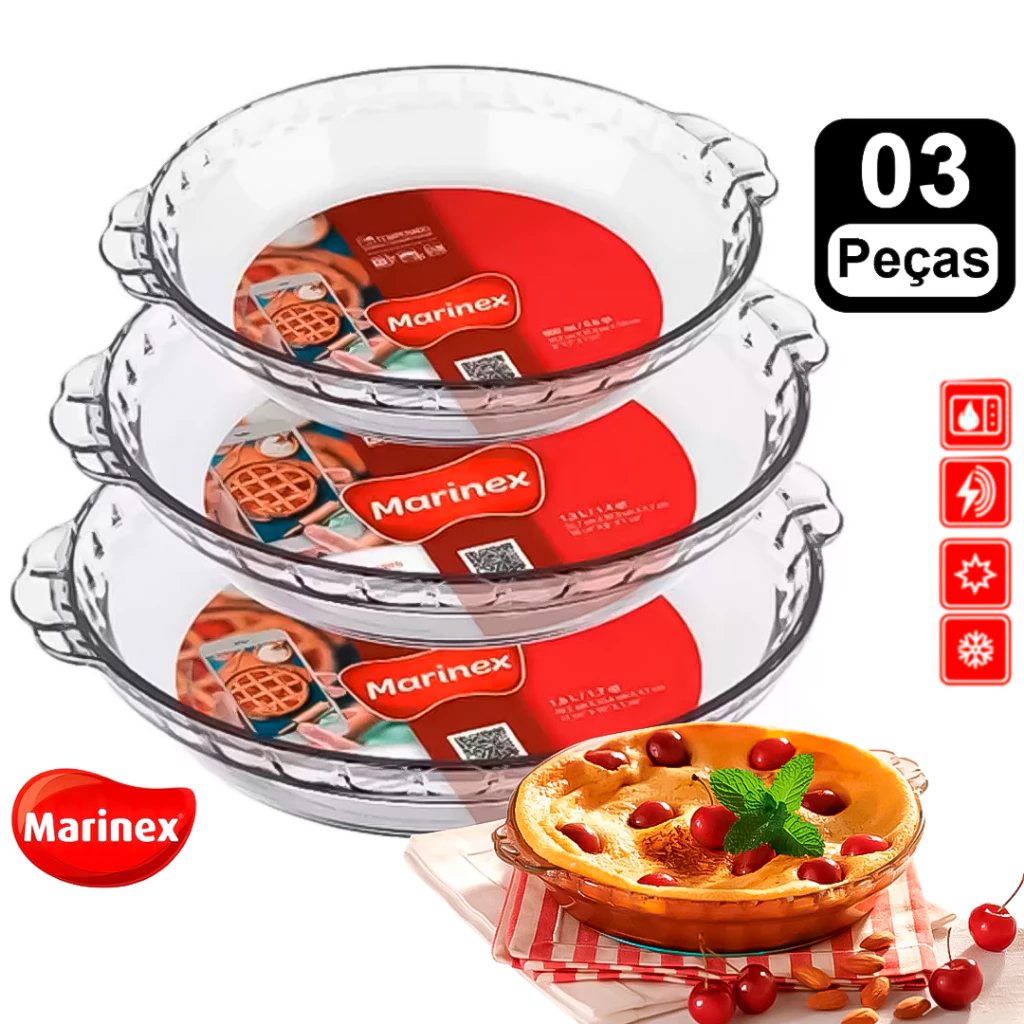 Jogo 3 Assadeiras Vidro Filetada Marinex 0,6L 1,3L 1,6L Conjunto Forma PMG Decorações Bolo Pudim — imagem 1