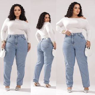 Calças Jeans Femininas Mom Plus Size Premium Versátil Moderna Cintura Alta Reta em Oferta na Shopee
