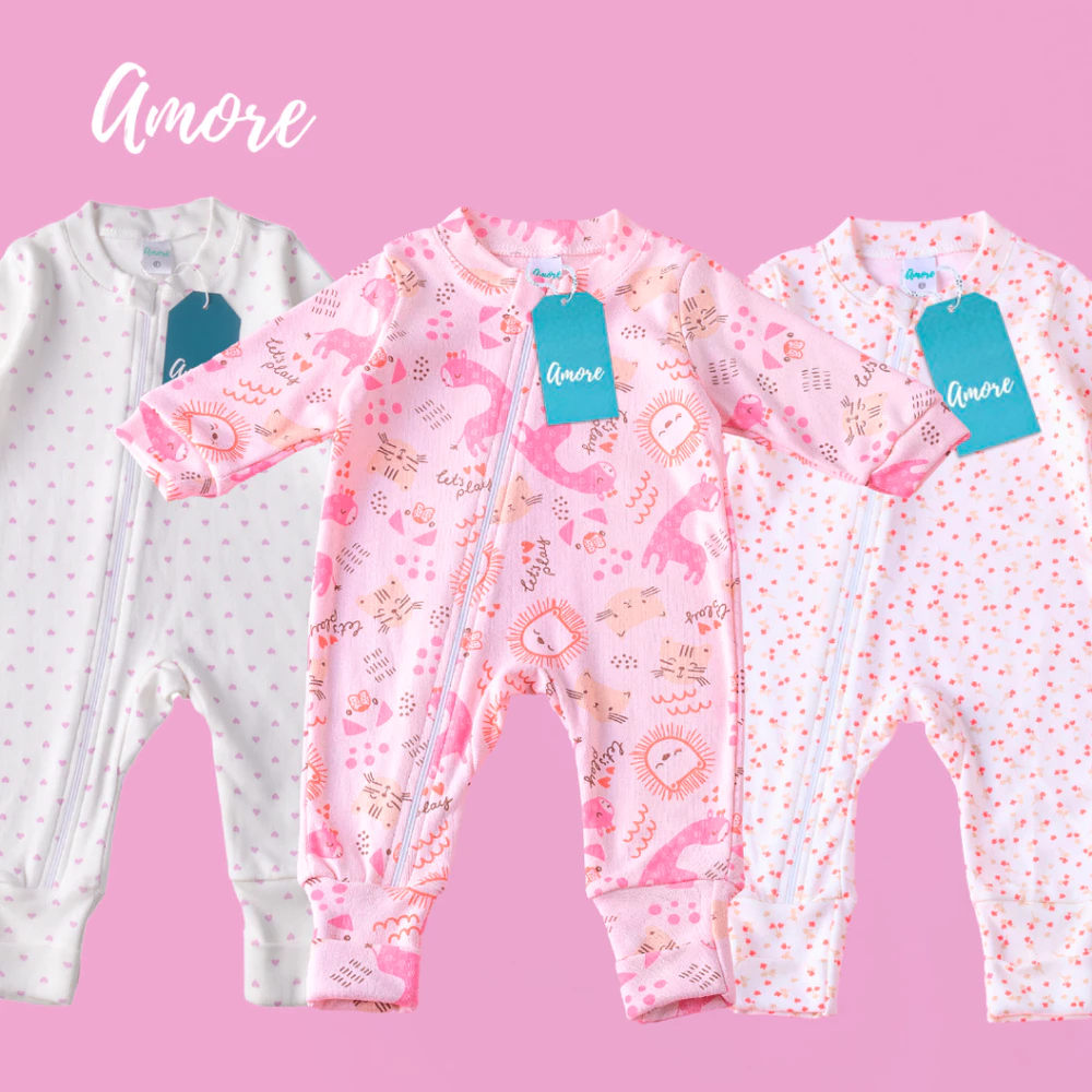 3 Macacões Bebê Amore Mais Vendidos Vira Pé Zíper Menina Algodão