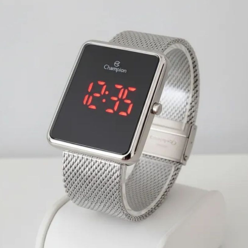 Relogio digital prata Champion original 40mm Led CH40080T