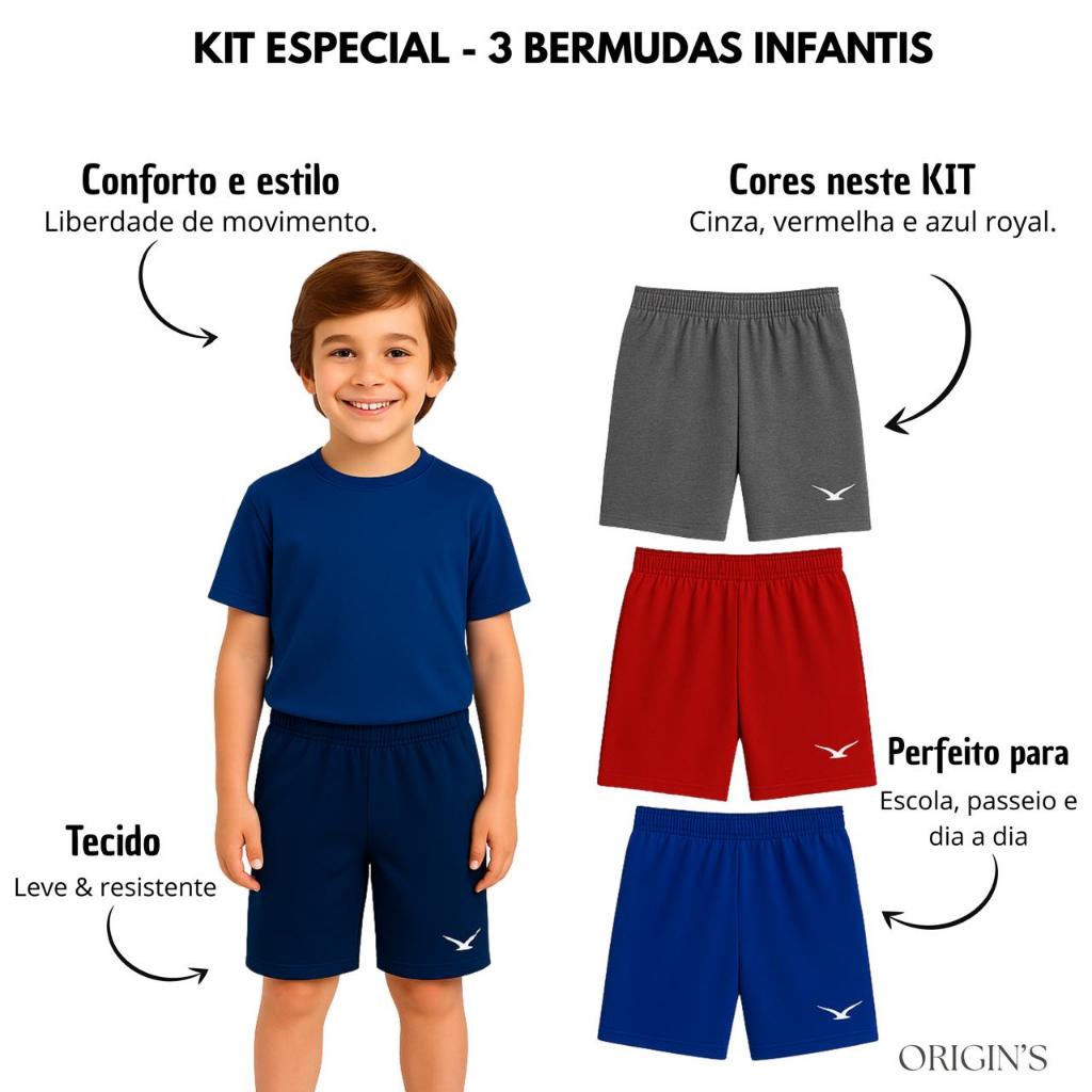 Kit Com 3 Shorts Infantil Chimpa Bermudas Com Bolsos Ziper Cordão e Elastico