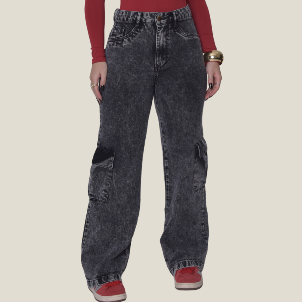 Calça Cargo Jeans Feminina Moda Blogueira Wide Leg 100% Algodão Bolsos Largos em Oferta na Shopee