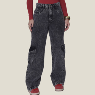 Calça Cargo Jeans Feminina Moda Blogueira Wide Leg 100% Algodão Bolsos Largos em Oferta na Shopee