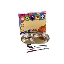 Kit Refeição Infantil Inox 4 Pçs Prato Colher Garfo Faca Ad Metal