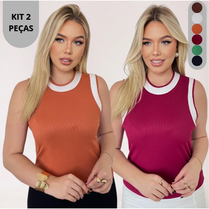 Kit 2 Blusa Feminina Regata Bicolor Canelado Premium Confortável Estilosa  Look Casual
