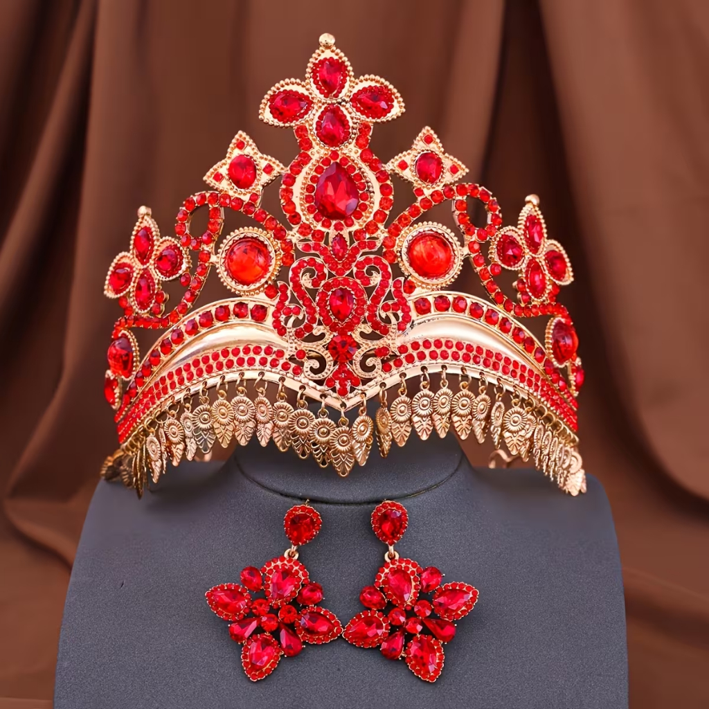 Conjunto Luxuoso de 2 Peças: Coroa VERMELHA e Brincos com STRASS VERMELHO para RAINHA DE BATERIA CARNAVAL