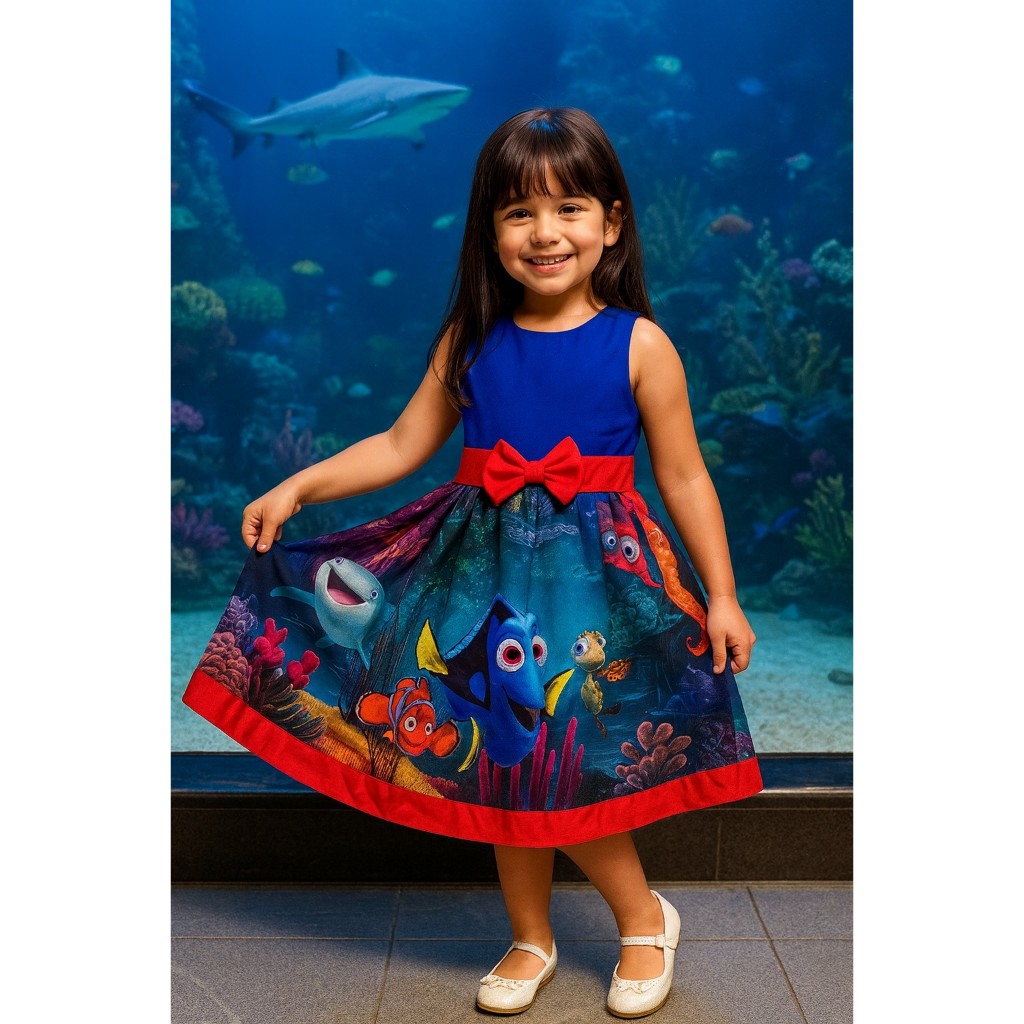 Vestido Dory temático Festa Infantil Aniversário Vestido Moda Menina Fantasia