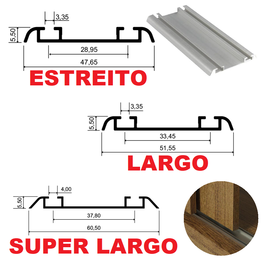 (3 LARGURAS) Trilho inferior duplo alumínio para Porta de Correr De Guarda Roupa/Móveis
