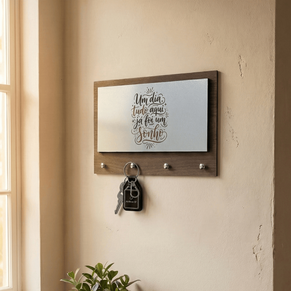 Porta Chaves de Parede em Mdf Amadeirado para Decoração com Cachepot Porta Lembretes