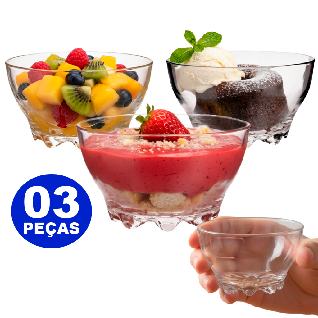 Kit Jogo 03 Taças Wisdom Sobremesa Sorvete 295 ml Vidro Transparente Liso Desing Moderno Wincy