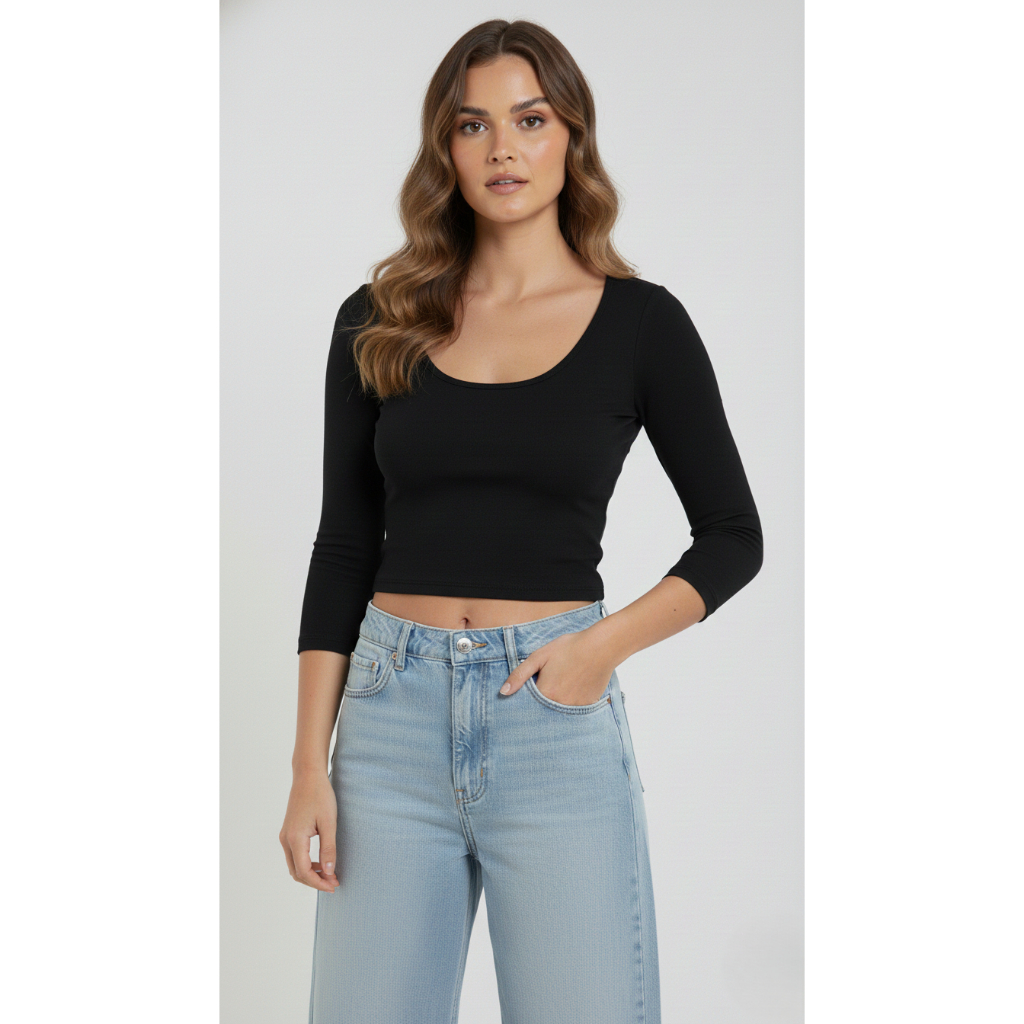 Cropped Gola Redonda manga 3/4 liso blusa croped feminina