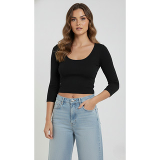 Cropped Gola Redonda manga 3/4 liso blusa croped feminina