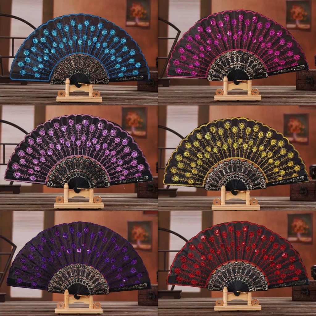 Kit 1/3/5 Leque de Mão Dobrável Chinês Flor/Lantejoulas Paetê Ideal Para Carnaval e Calor em Oferta na Shopee