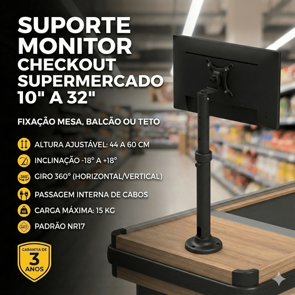 SUPORTE MONITOR PDV CHECKOUT SUPERMERCADO 10 A 32 POLEGADAS - MESA OU TETO