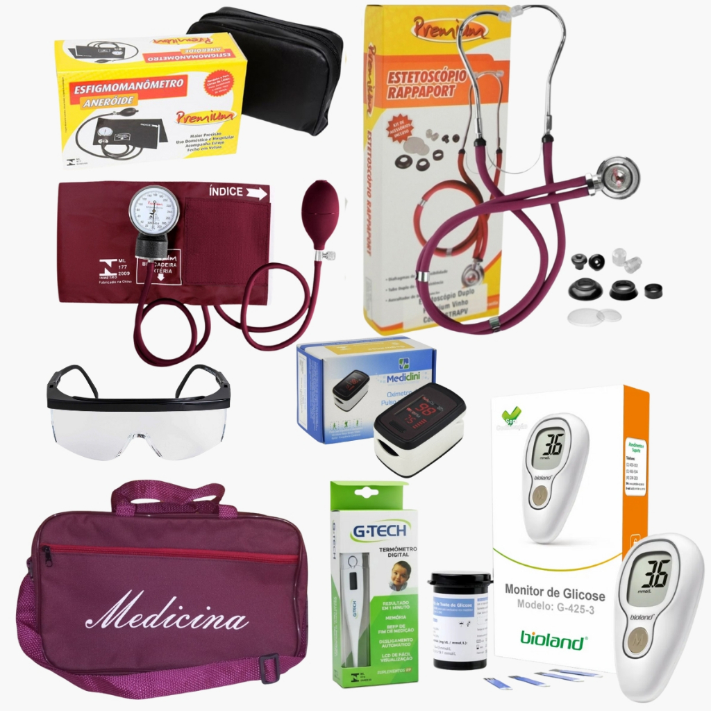 Kit medicina com esfigmomanômetro estetoscópio Oxímetro óculos termômetro Premium