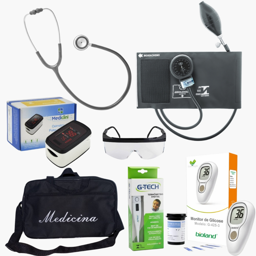Kit medicina com esfigmomanômetro estetoscópio Oxímetro óculos termômetro Bic CJ0947