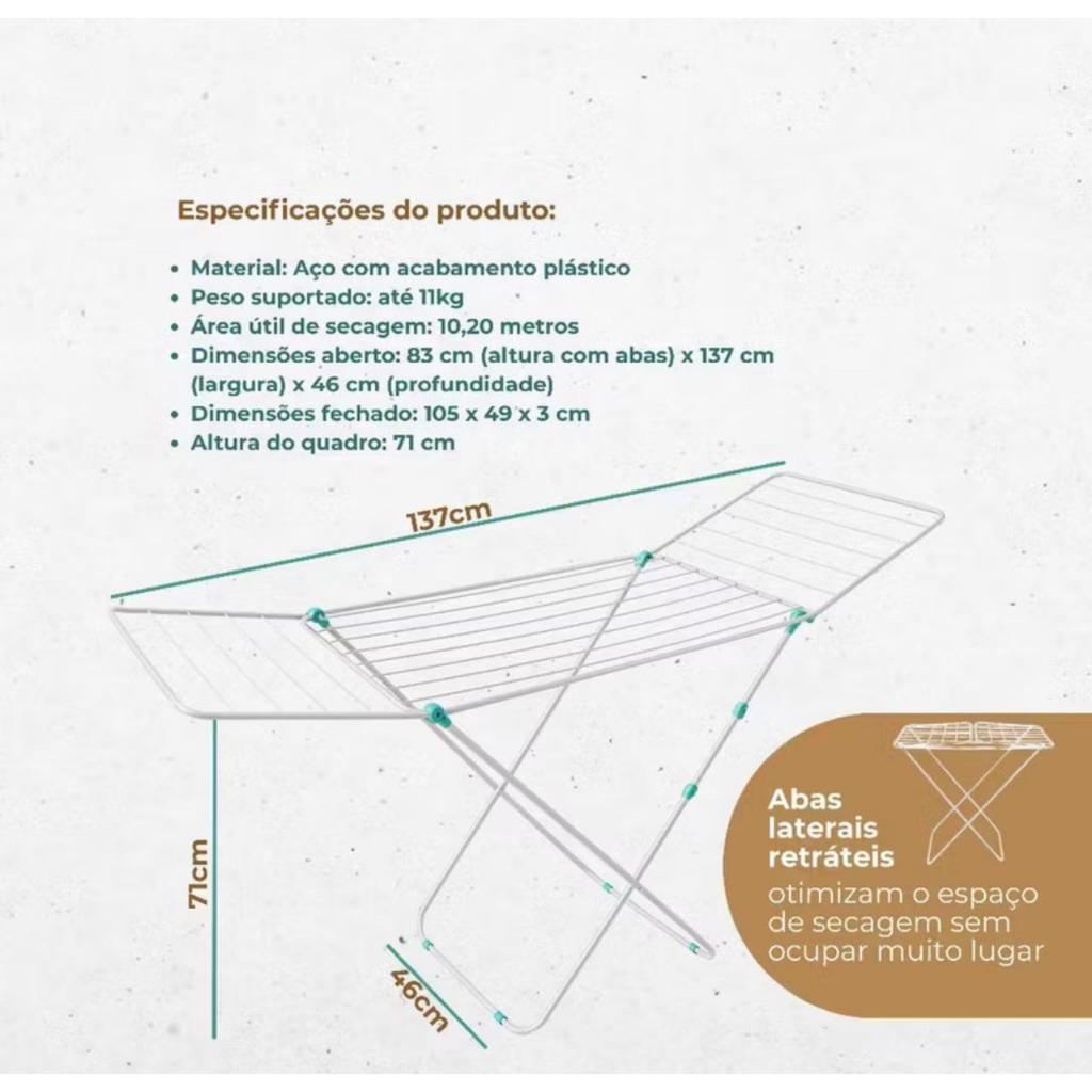 Varal De Chão Com Abas Reforçado Dobrável Aço Secalux 12kg Varal de Apartamento Retratil