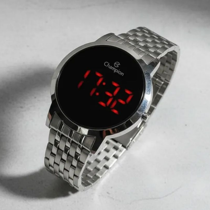 Relogio digital prata Champion original Led vermelho 41mm CH440099T