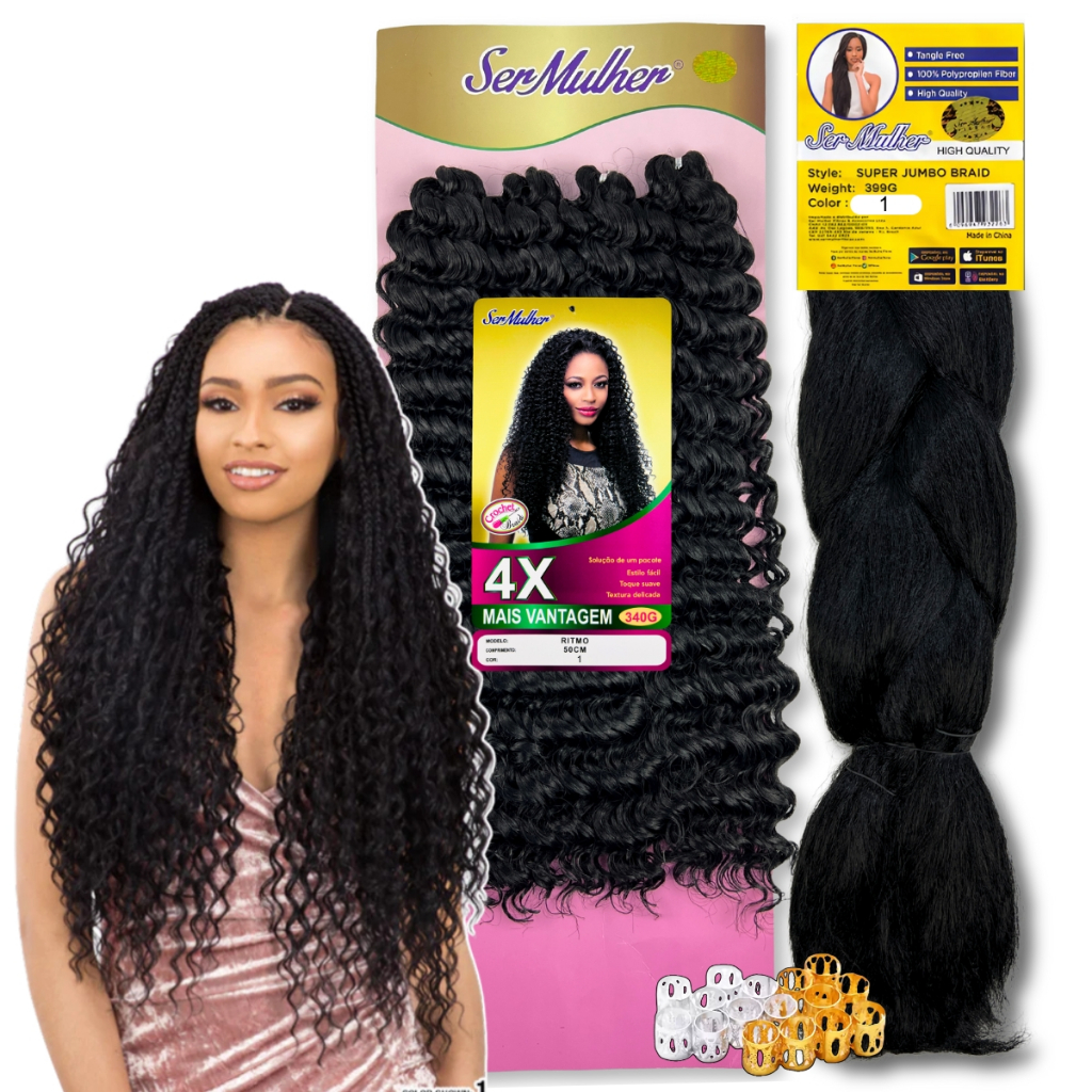 Kit Tranças Gypsy Cabelo Cacheado Crochet Orgânico Ritmo Ser Mulher + 1 Jumbo + Anéis