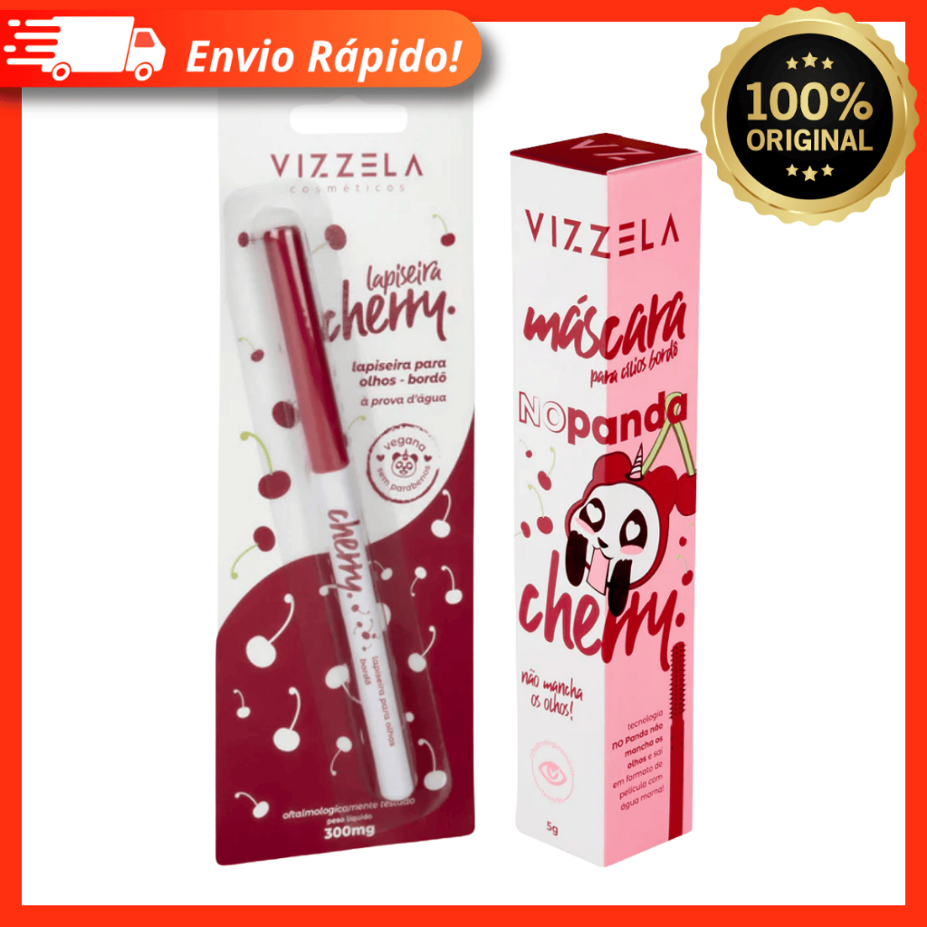 KIT Lapiseira Para Olhos Cherry + No Panda Cherry - Vizzela Original Máscara De Cílios + Lapiseira