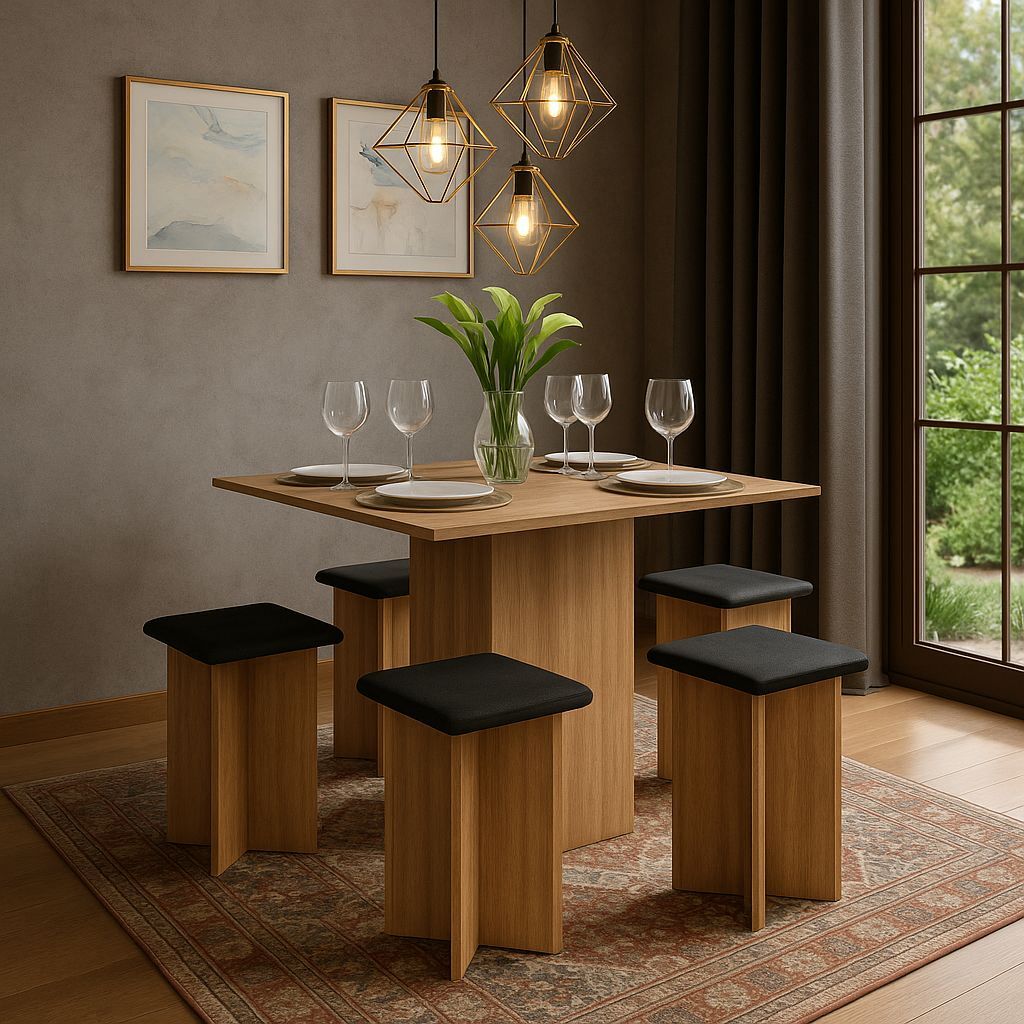 Mesa de Jantar Edna com 4 Banquetas estofadas Porto Velho - Manschester/Preto em Oferta na Shopee