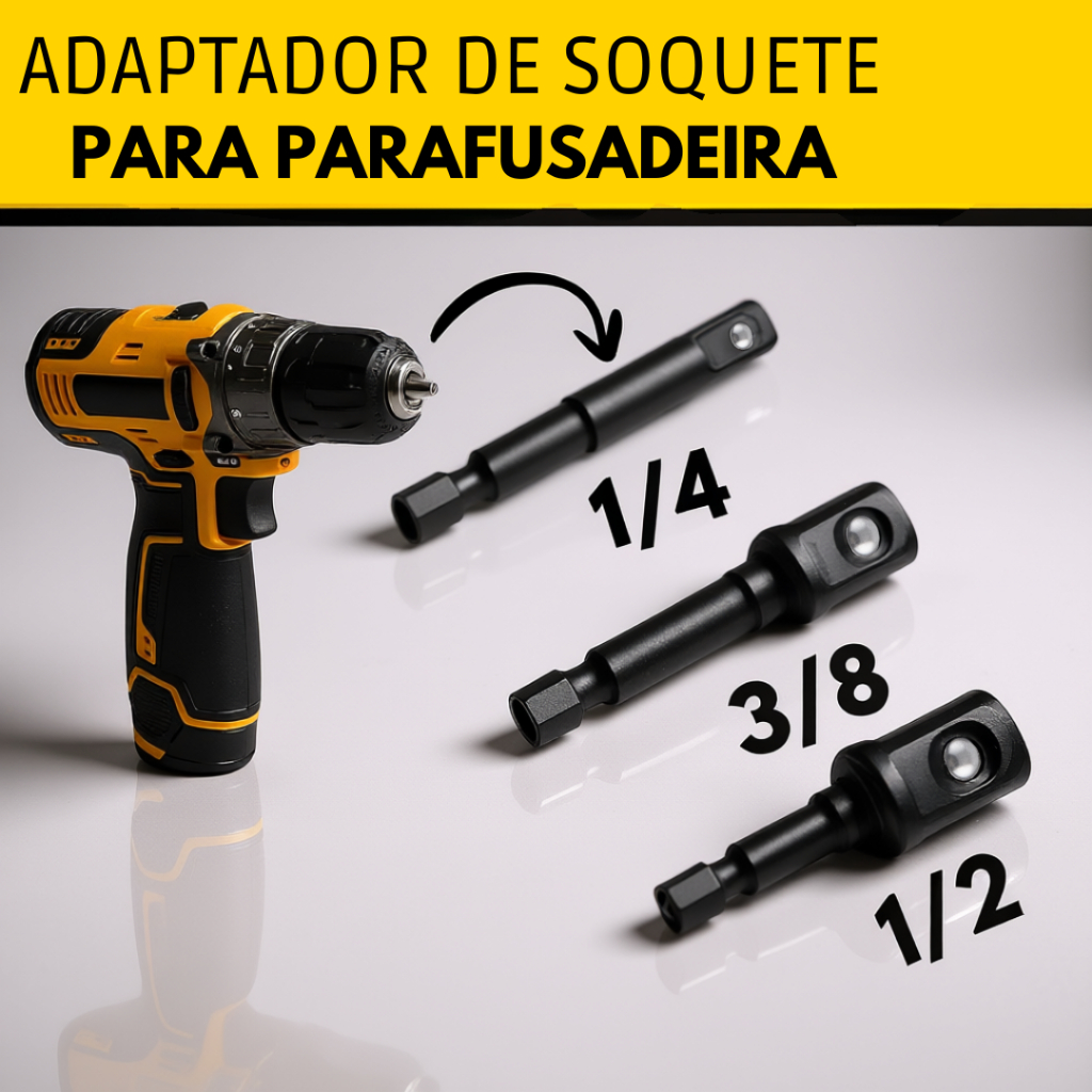 Kit 03 Peças Adaptador Soquete Universal Para Parafusadeira e Furadeira 1/4" 3/8" 1/2"