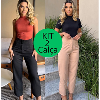 KIT 2 Calça Alfaiataria modelo Zara bloguerinha Moda Feminino Cintura  alta Preta e  Bege Social em Oferta na Shopee