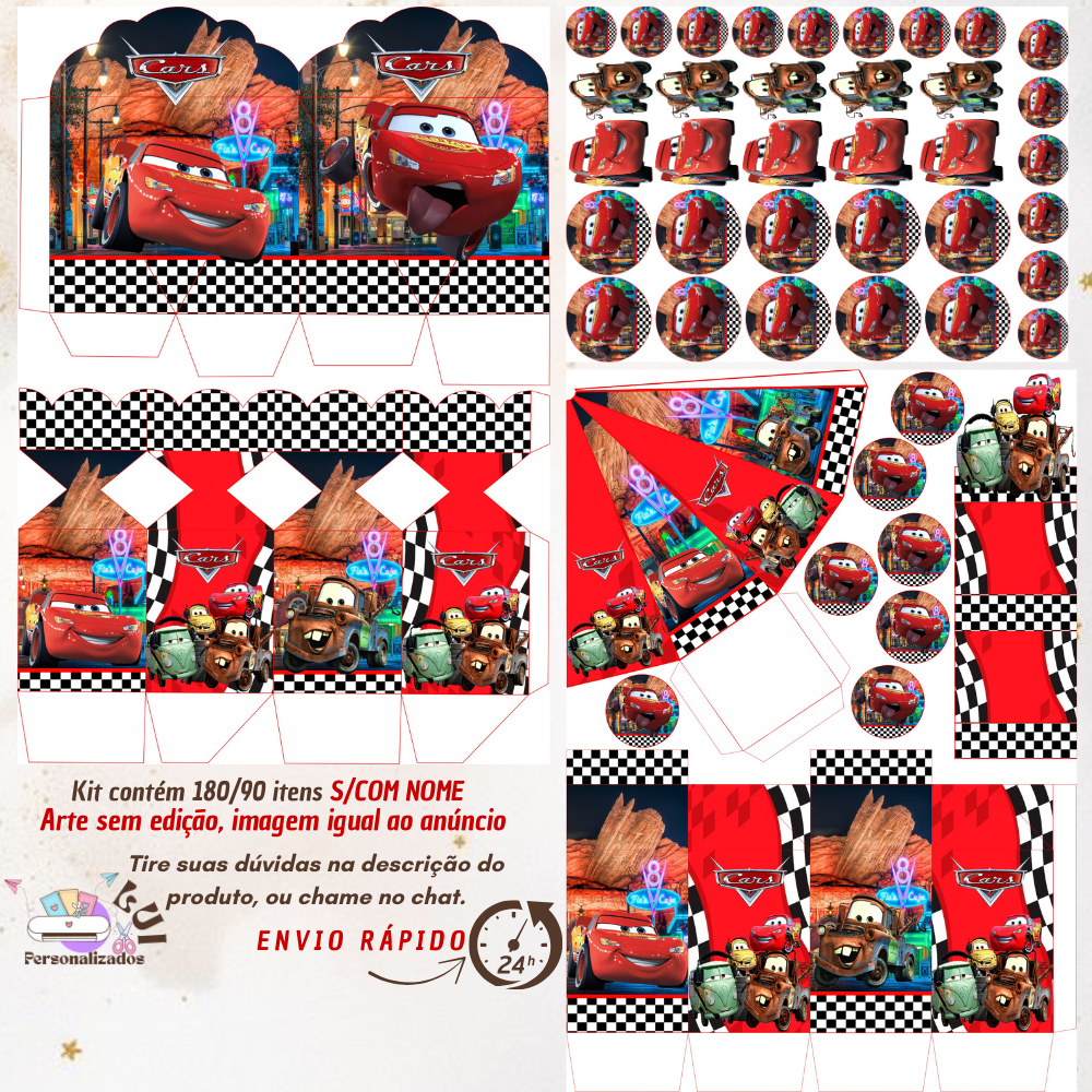 KIT COM 180/90 ITENS LEMBRANCINHAS S/COM NOME TEMA: CARROS RELAMPAGO MCQUEEN (Envio Rápido)