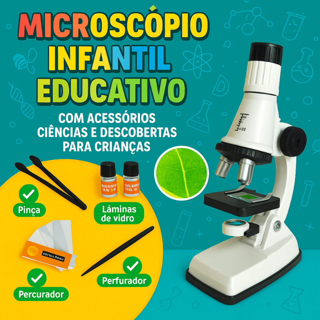 Microscópio Infantil Educativo com Acessórios Brinquedo Científico 200x 600x 1200x Kit Ciências em Oferta na Shopee