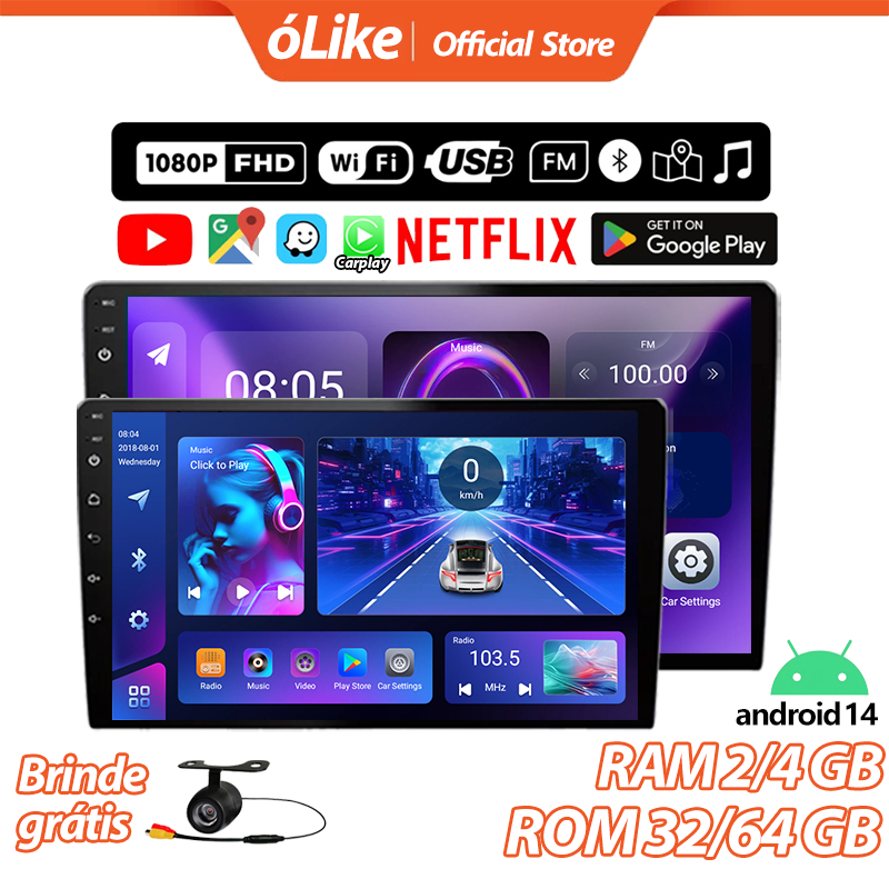 óLike Central Multimidia 7/9/10 Polegadas QuadCore 4GB RAM + 64GB ROM Carplay E Android 2 Din Touch Screen