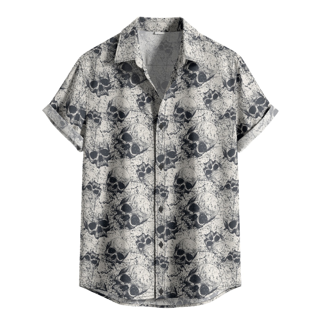 Camisa De Botão Caveira Fashion, Casual Com Caveiras Estilo, Estampada Caveira [Ref-082]