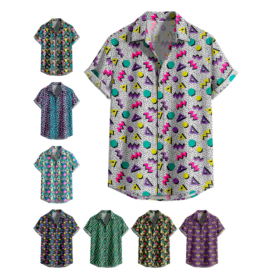 Camisa De Botão Geométrica Retrô Colorida Anos 80 Neon Estilo Memphis Geométrico Colorido Vintage [Ref-059] em Oferta na Shopee